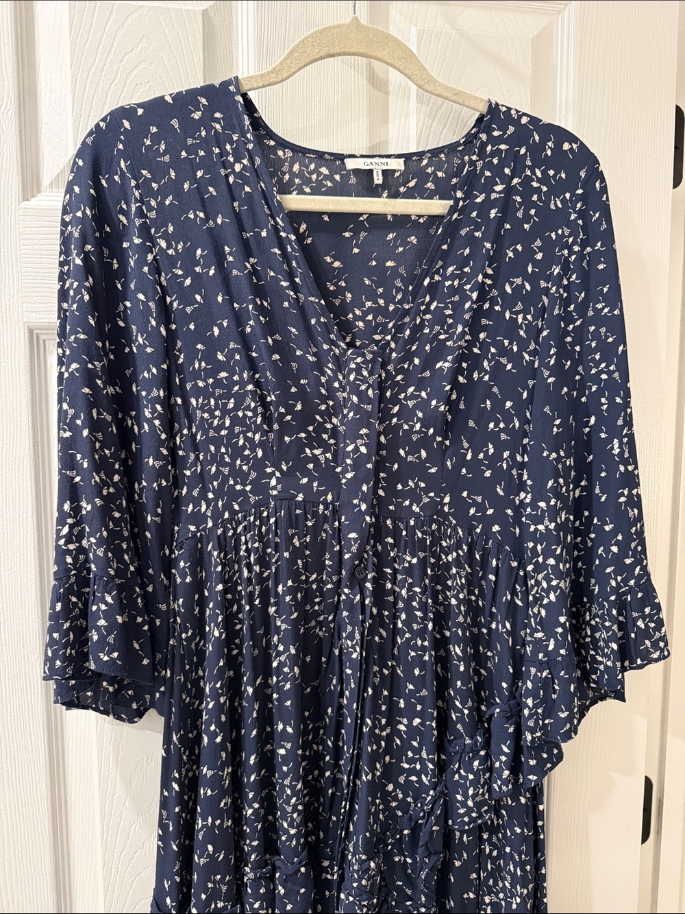 Ganni Navy and White V-Neck Floral Dress Sz 36